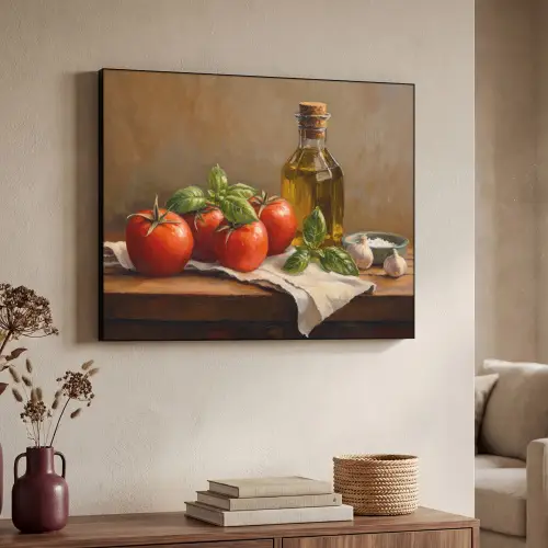 Tomaten - Olijfolie - Stilleven Textielframe - compleet frame klein -sfeer3