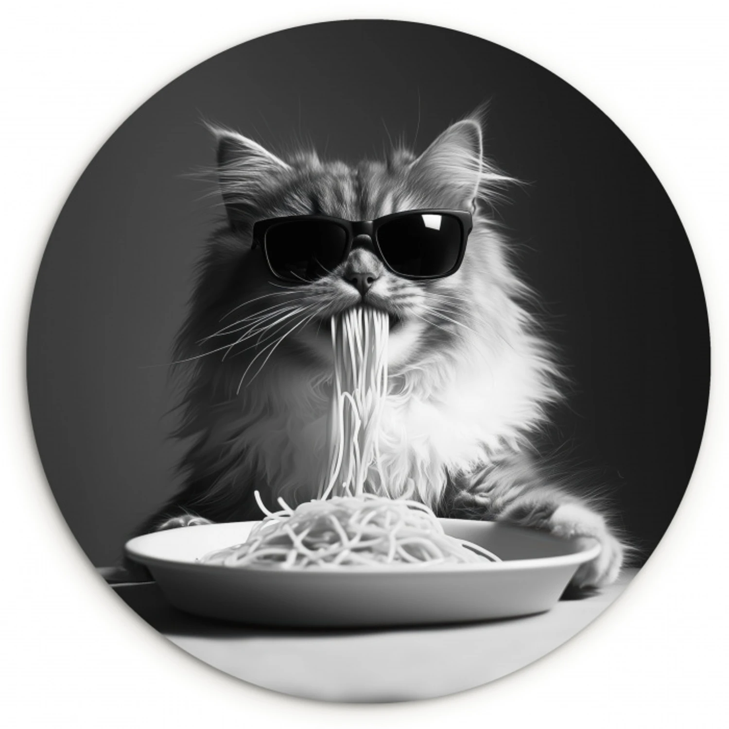 Langharige kat - Zonnebril - Spaghetti - Humor - Zwart - wit Wandcirkel kunststof plaat 5mm dik klein -3d