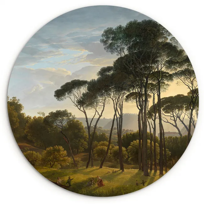 Italiaans landschap met parasoldennen - Schilderij van Hendrik Voogd Wandcirkel kunststof plaat 5mm dik klein -3d