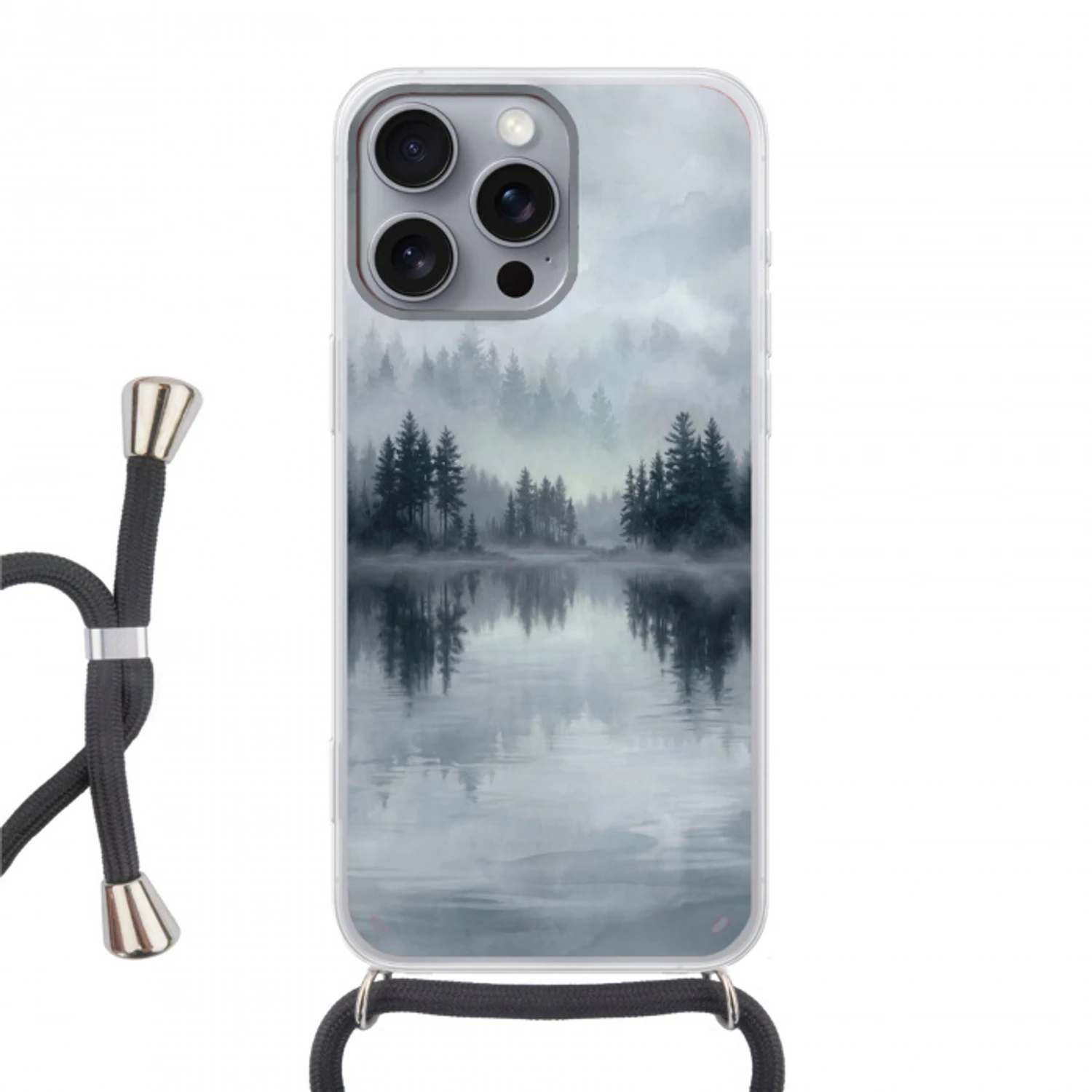 Bos - Meer - Mist - Natuur - Grijs Hoesje iPhone 16 Pro Max met koord klein -3d