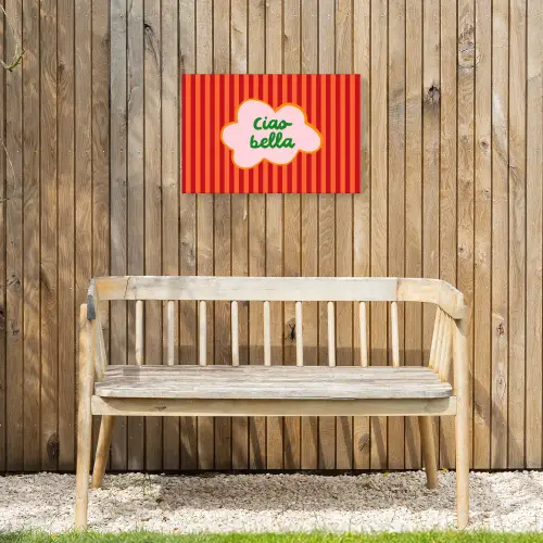 Ciao bella - Tekstwolk - Strepen - Oranje Tuinposter op houten frame 2 cm dik klein -sfeer4