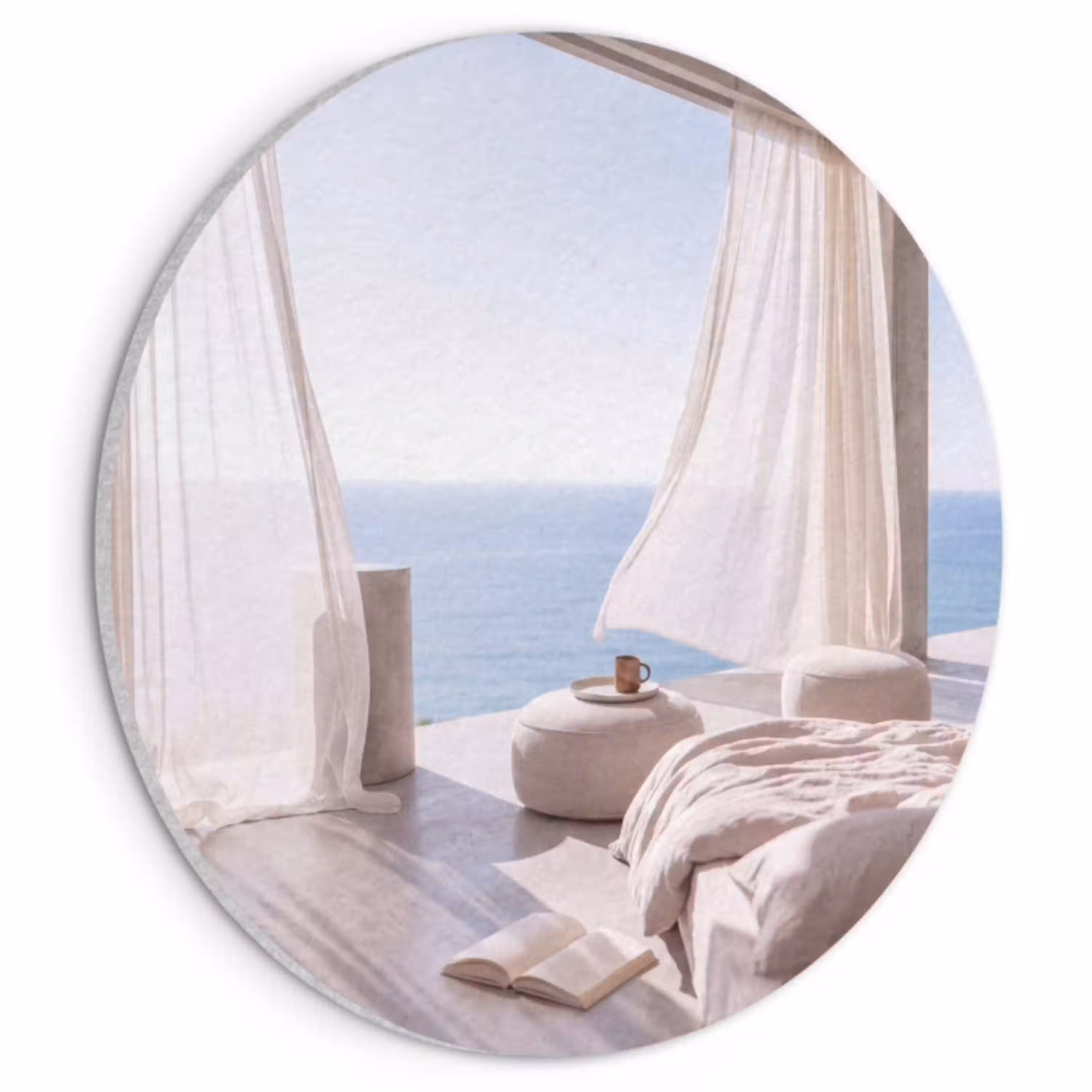 Interieur - Zeezicht - Modern - Rust - Beige Akoestische PET Vilt - Rond klein -3d