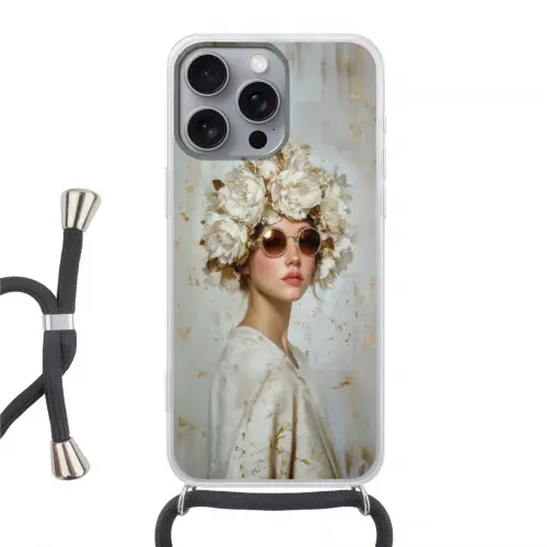Schilderij - Vrouw - Zonnebril - Bloemenkrans Hoesje iPhone 16 Pro Max met koord klein -3d