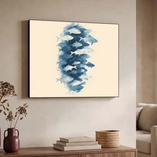 Vissen - Minimalistisch - Blauw Textielframe - compleet frame klein -sfeer3