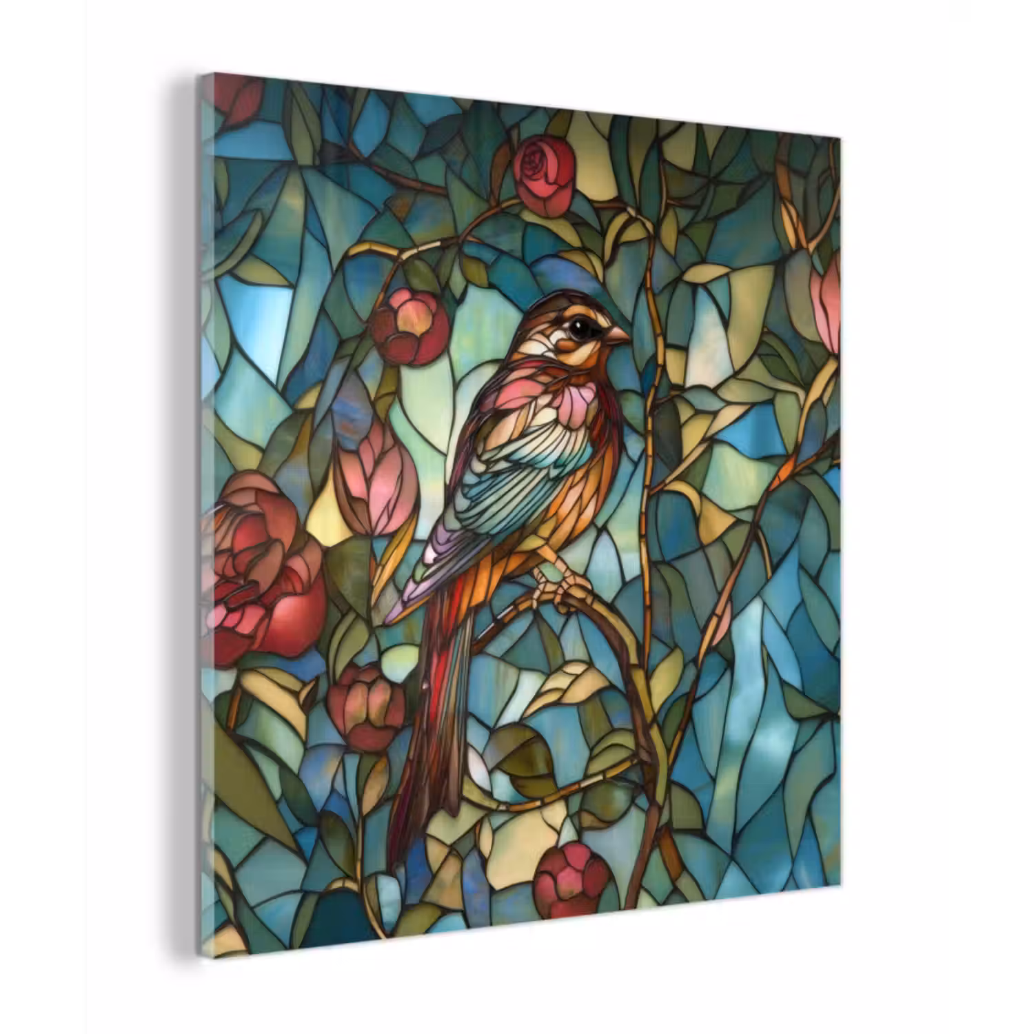 Glas schilderij - Vogel - Tak - Rozen - Mozaïek