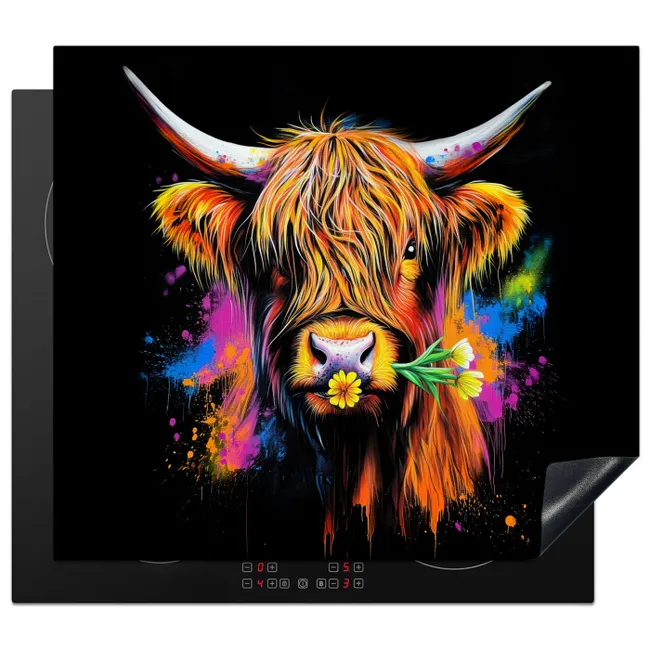 Schotse Hooglander - Graffiti - Kleurrijk - Bloem - Dieren Inductie beschermer vinyl 3mm middel -3d