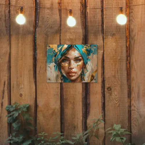 Vrouw - Portret - Goud - Luxe - Blauw tuinposter los doek klein -sfeer1