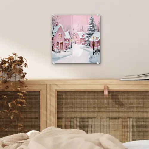 Kerstdorp - Roze - Winter - Sneeuw - Huizen plexiglas 5mm klein -sfeer4