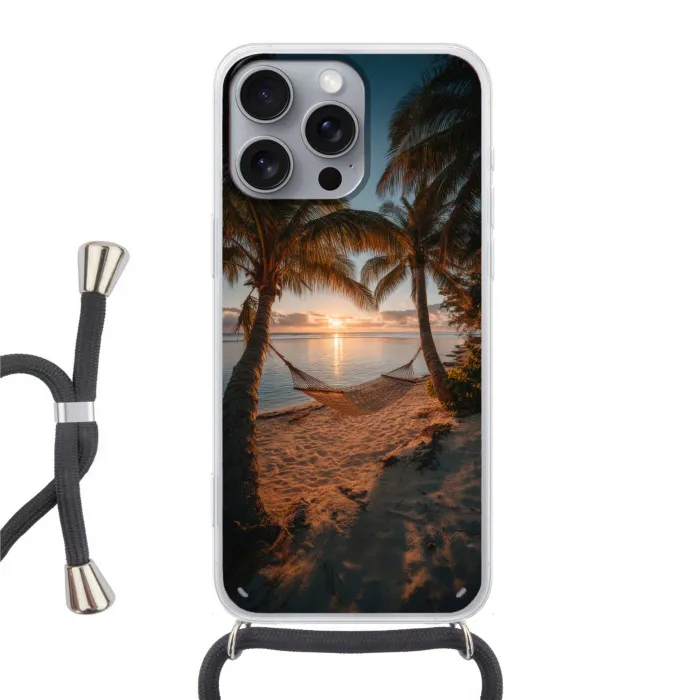 Palmbomen - Hangmat - Strand - Zonsondergang Hoesje iPhone 16 Pro Max met koord klein -3d