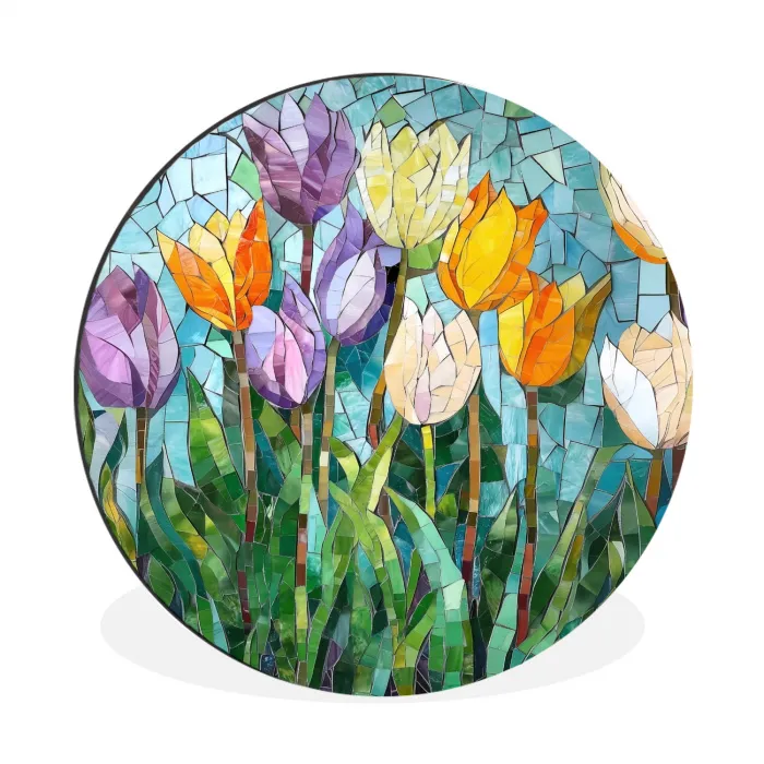 Mozaïek - Veld - Tulpen - Kleurrijk Wandcirkel aluminium klein -3d