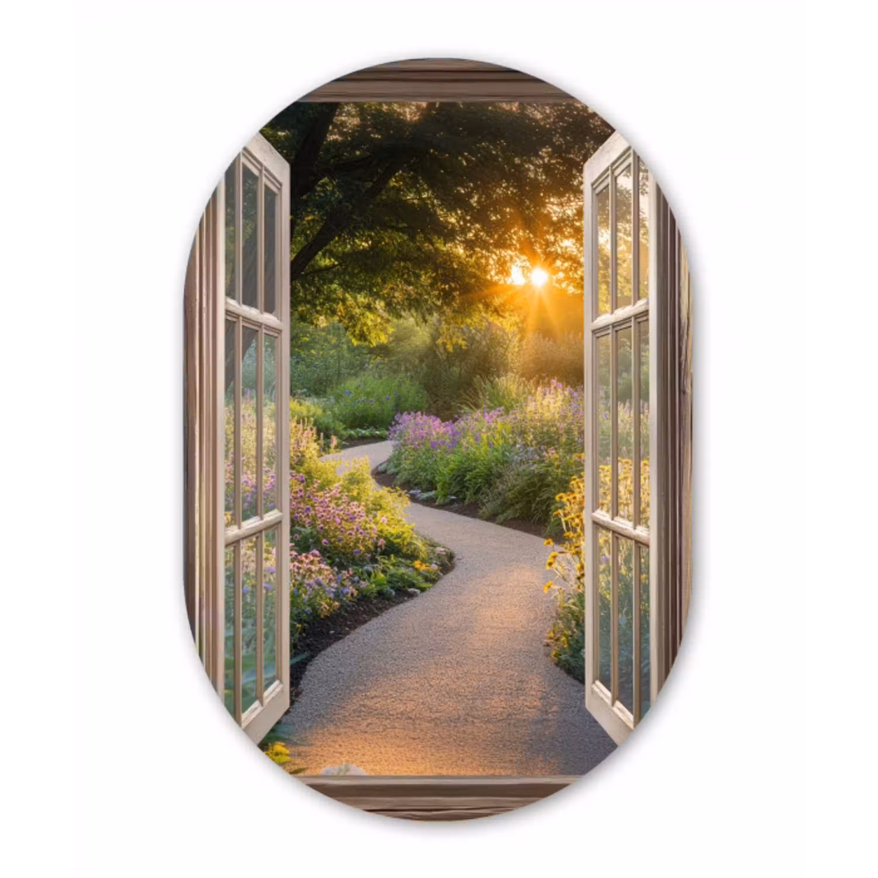 Doorkijk - Bloemen - Natuur - Zon - Pad Wandcirkel Ovaal Aluminium middel -3d