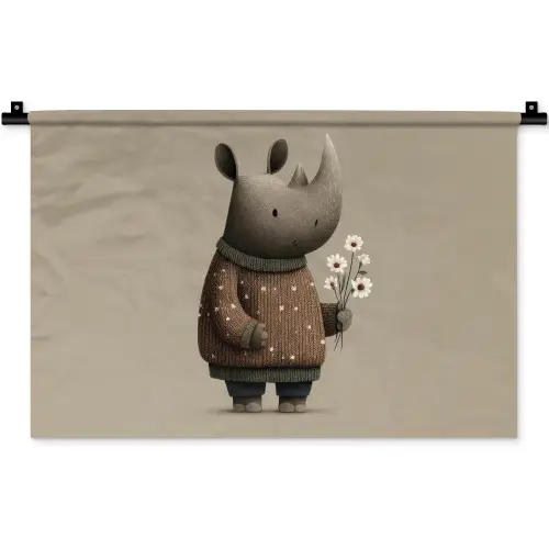 Neushoorn - Witte bloemen - Lief Wandkleed katoen klein -zz3d