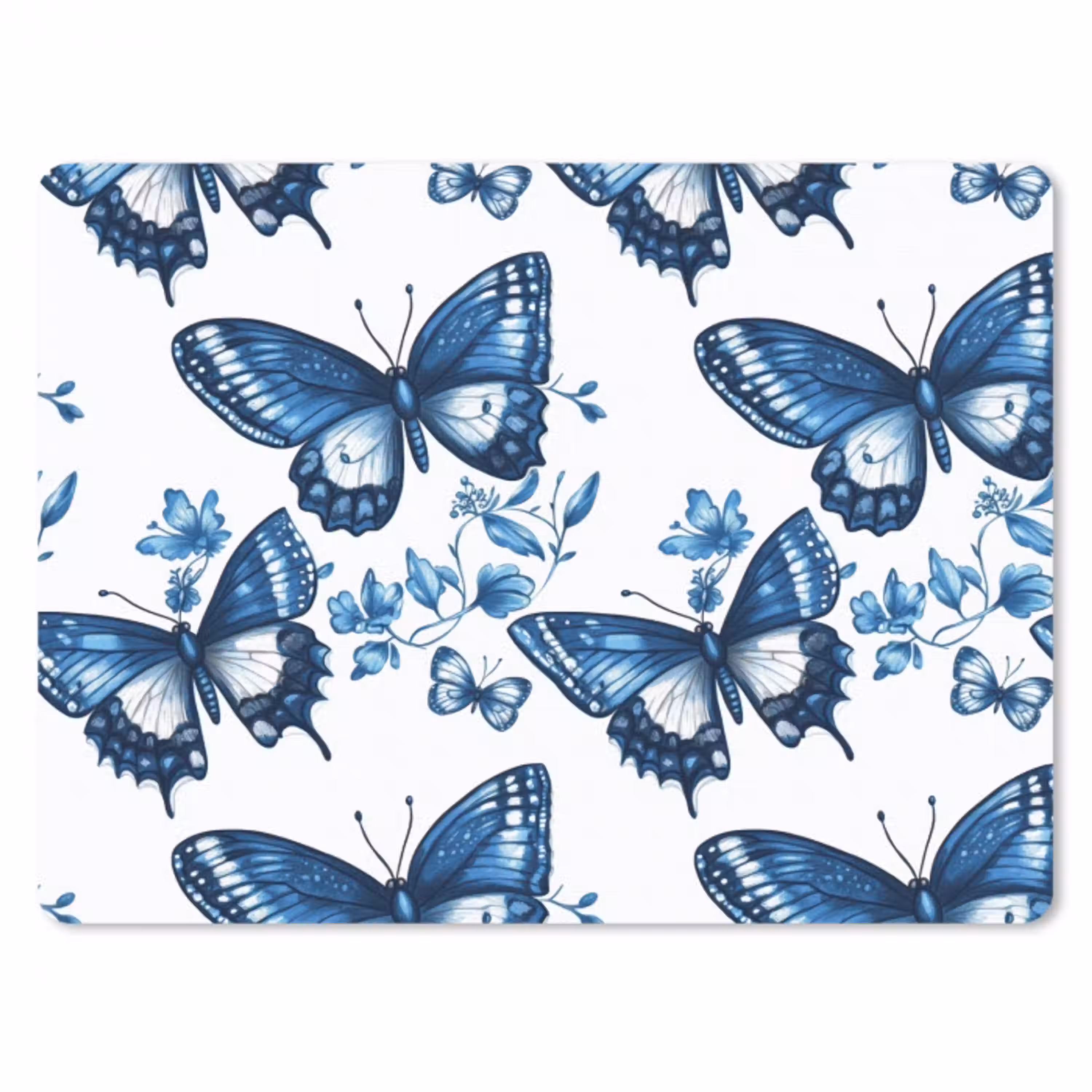 Blauw - Vlinders - Bloemen - Wit muismat rubber klein 262 -3d
