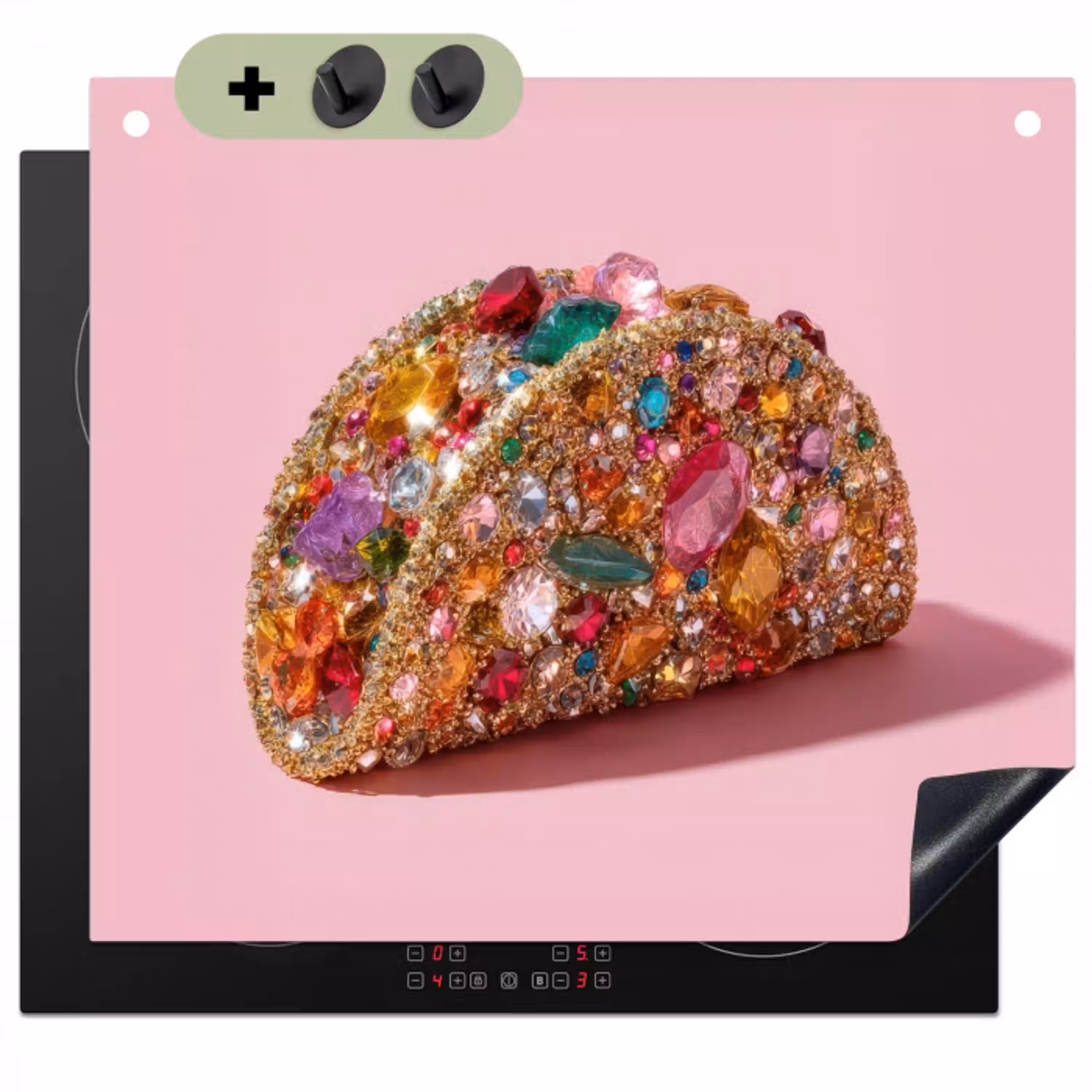 Taco - Kleurrijk - Edelstenen - Goud Inductie beschemer met haakjes klein -3d