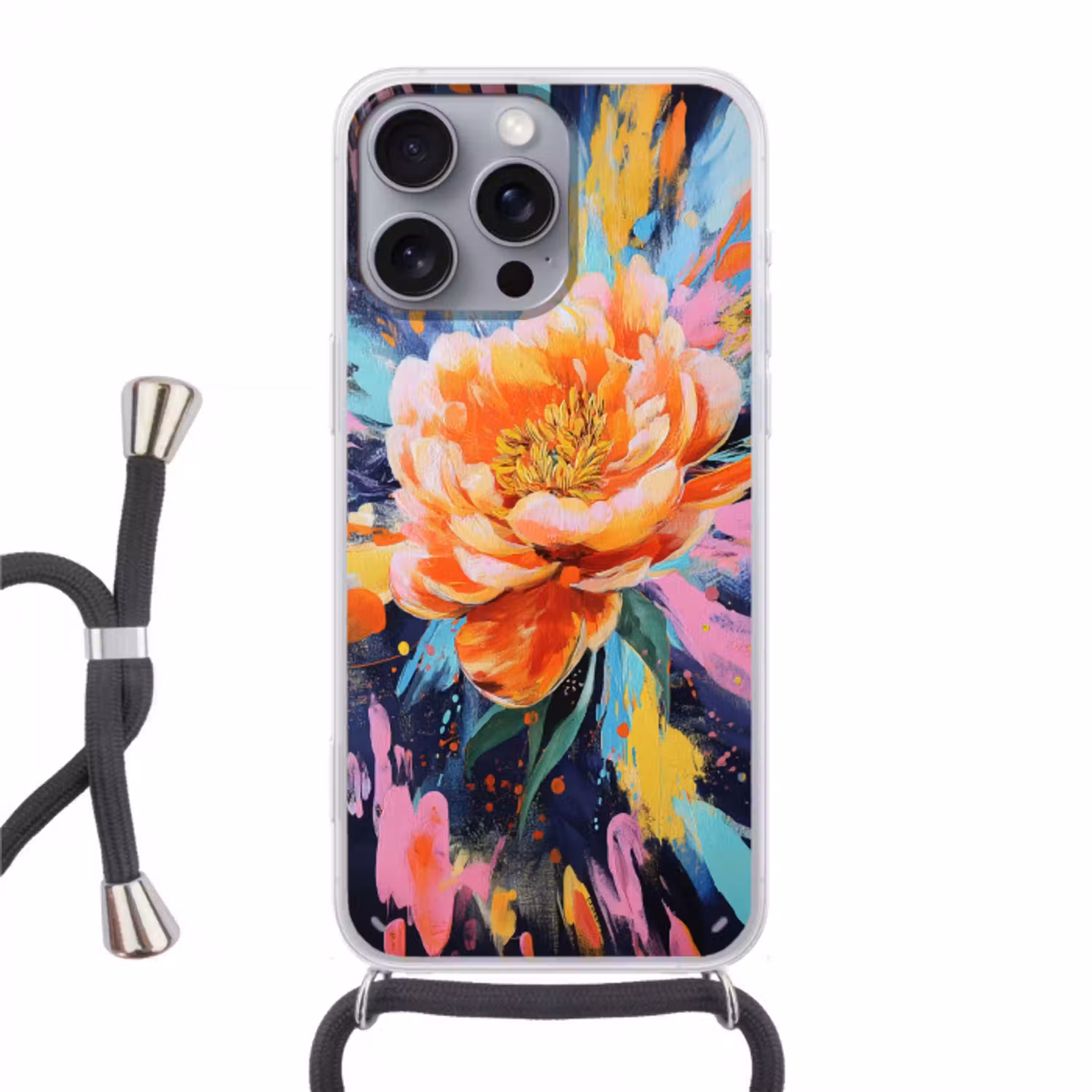 Bloemexplosie - Felle spatten - Dynamisch Hoesje iPhone 16 Pro Max met koord klein -3d