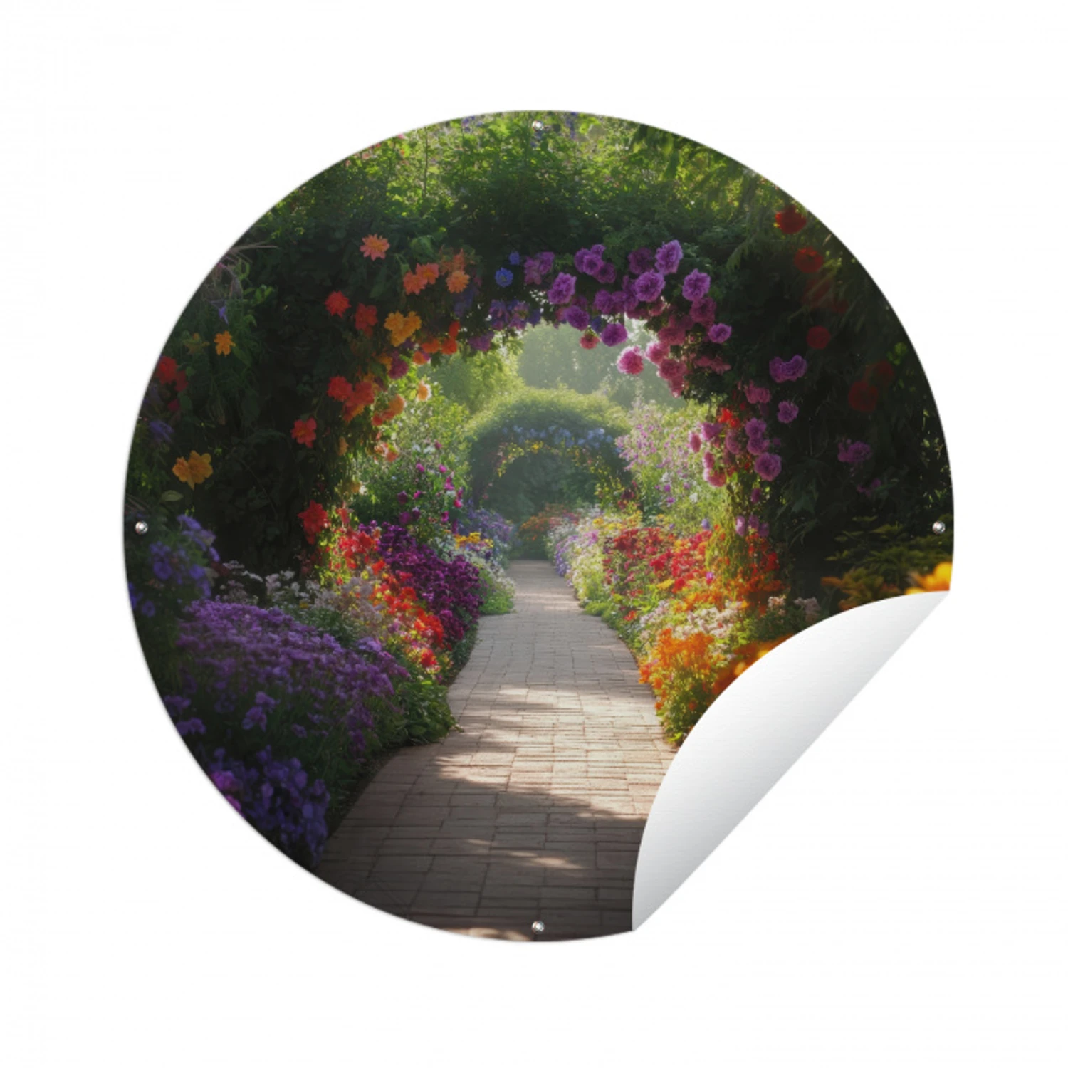 Doorkijk - Pad - Bloemen - Struik - Kleurrijk Wandcirkel tuinposter met ringen klein -3d