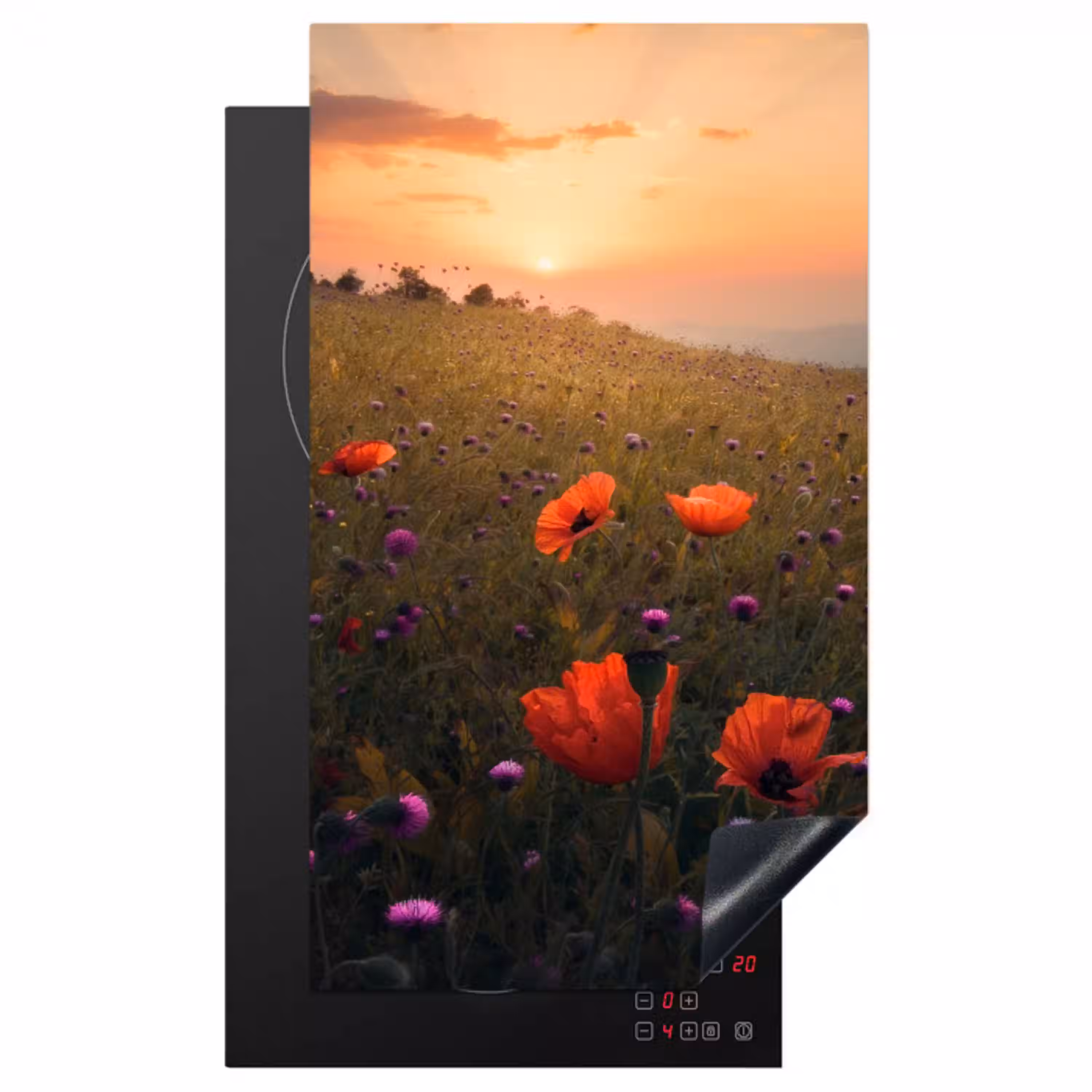 Bloemenveld - Gras - Bloemen - Planten - Zonsondergang - Oranje Inductie beschermer vinyl 3mm middel -3d