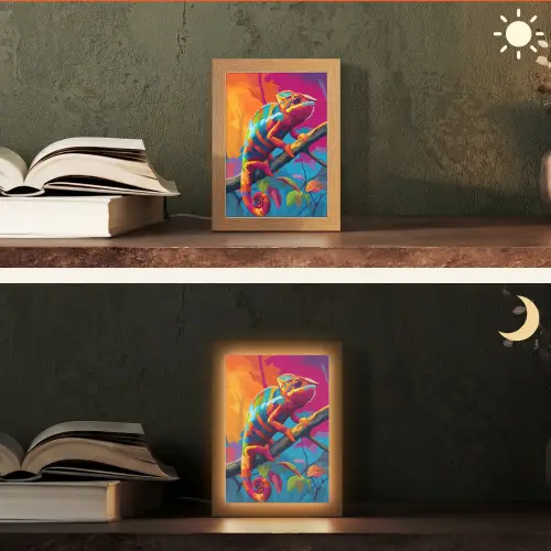 Kameleon - Tak - Gestreept - Bladeren Light Box met kabel (Tafellamp) klein -sfeer3