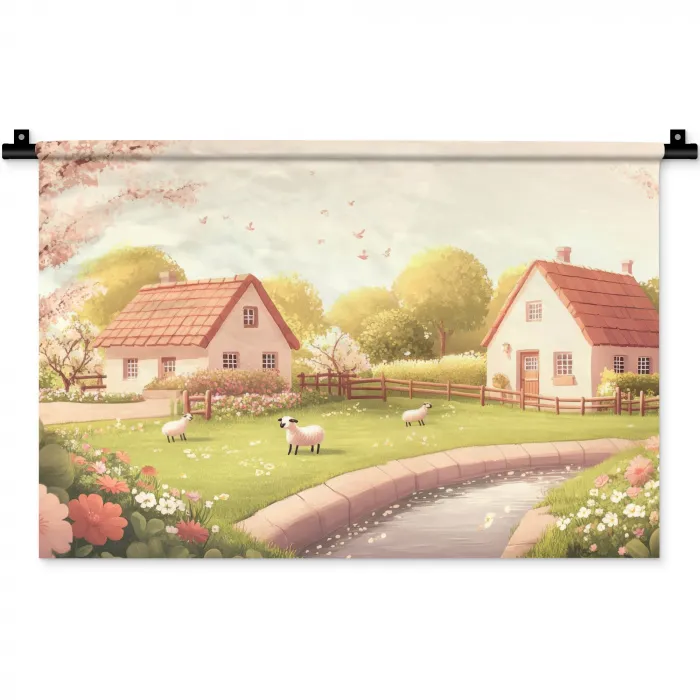 Schapen - Huisje - Platteland Wandkleed katoen klein -zz3d