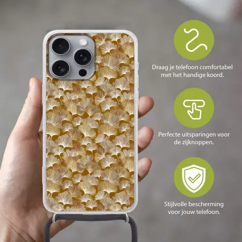 Ginkgo - Bladeren - Goud Hoesje iPhone 16 Pro Max met koord klein 804 -sfeer2_NL