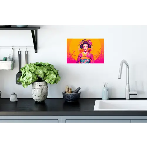 Bloemen - Vrouw - Kimono - Roze Muursticker klein -keuken