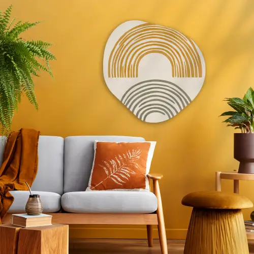 Bogen - Lijnen - Oranje - Minimalistisch Wandcirkel Organisch Plexiglas middel -sfeer4