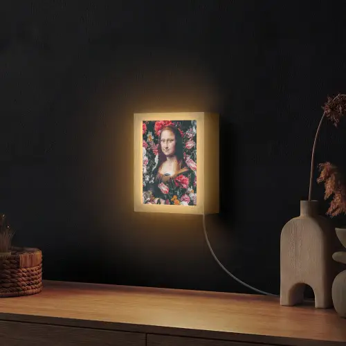 Mona Lisa - Leonardo da Vinci - Bloemen - Roze Light Box met kabel (Wandlamp) klein -sfeer1