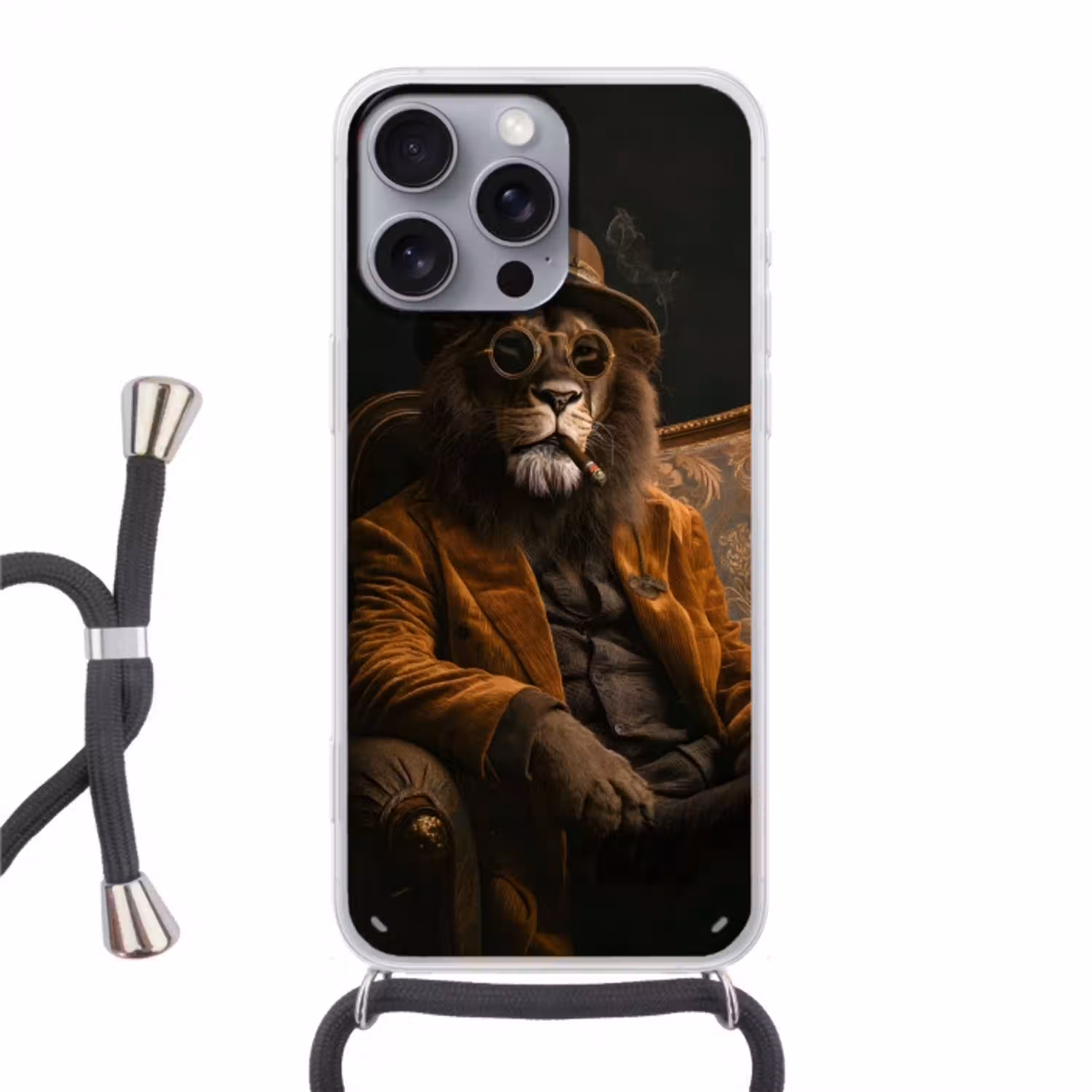 Bril - Leeuw - Bank - Hoed Hoesje iPhone 16 Pro Max met koord klein -3d