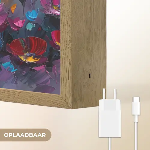 Bloemen - Paars - Kleurrijk - Handgeschilderd - Kunst Light Box met batterij (Wandlamp) middel -USP_websiteoplaadbaarNL