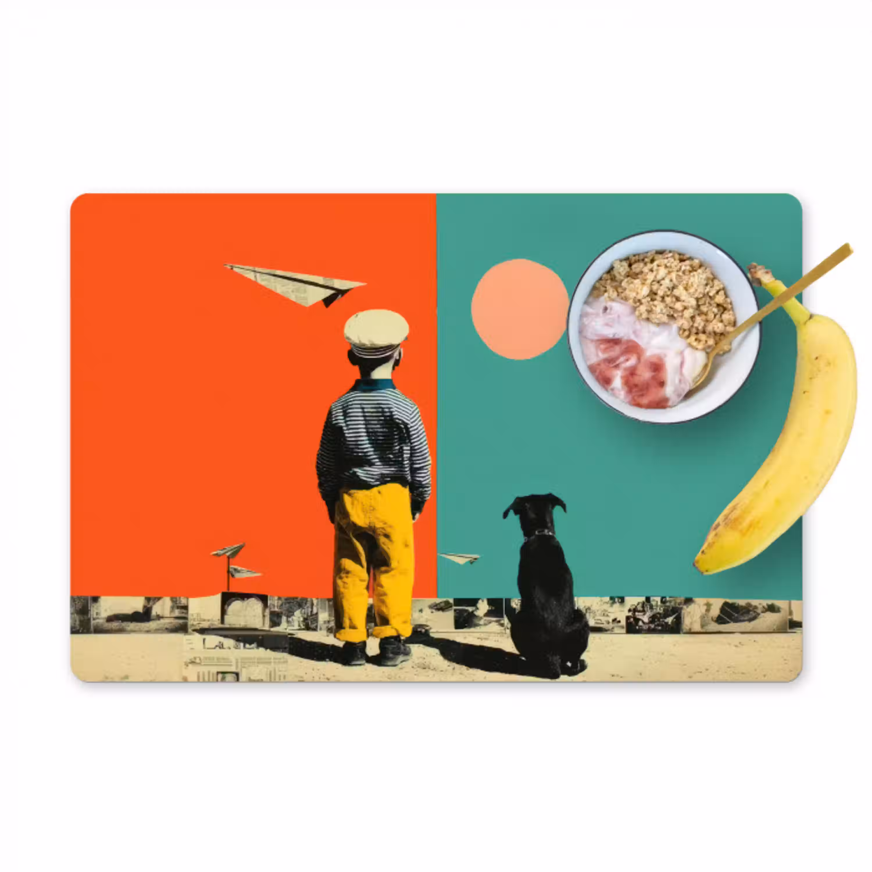 Retro - Jongen - Hond - Rood - Groen Placemat vinyl groot -zzzproduct_Kitchenyeah-website