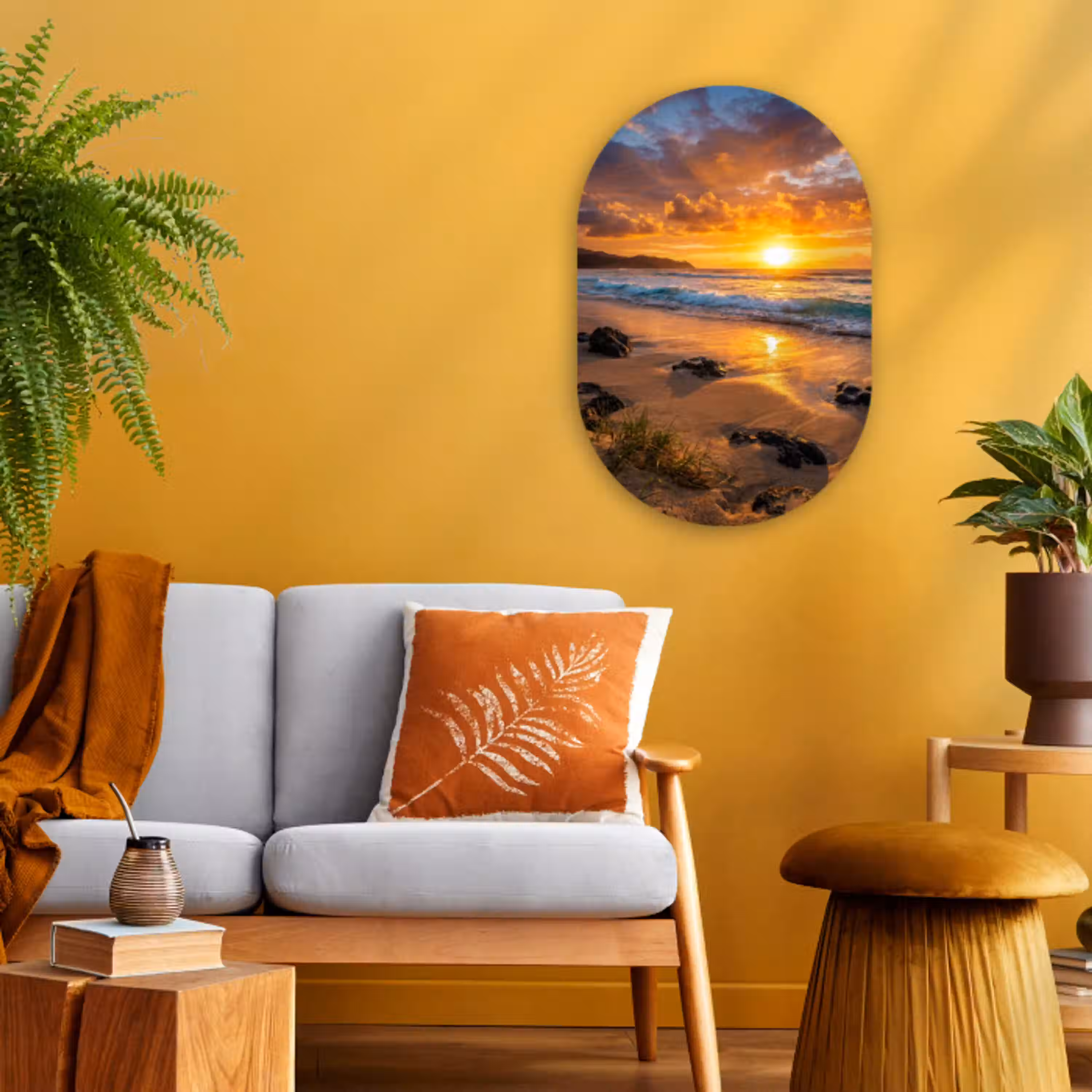 Strand - Zonsondergang - Golven - Natuur - Oranje Wandcirkel Ovaal Forex klein -sfeer4