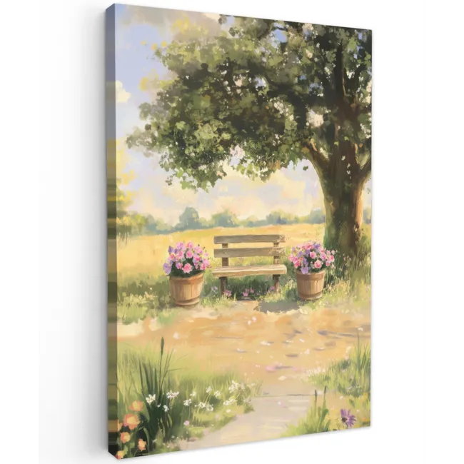 Houten bankje - Bloempotten - Landschap Tuinposter op houten frame 2 cm dik klein -3d