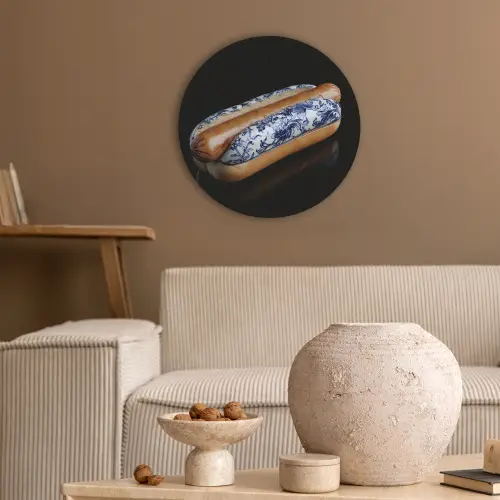 Hotdog - Porselein - Delfts blauw - Eten Akoestische PET Vilt - Rond klein -sfeer1