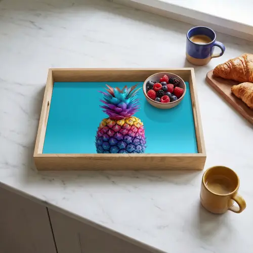 Ananas - Regenboog - Blauw - Popart Dienblad Rechthoek middel -sfeer2