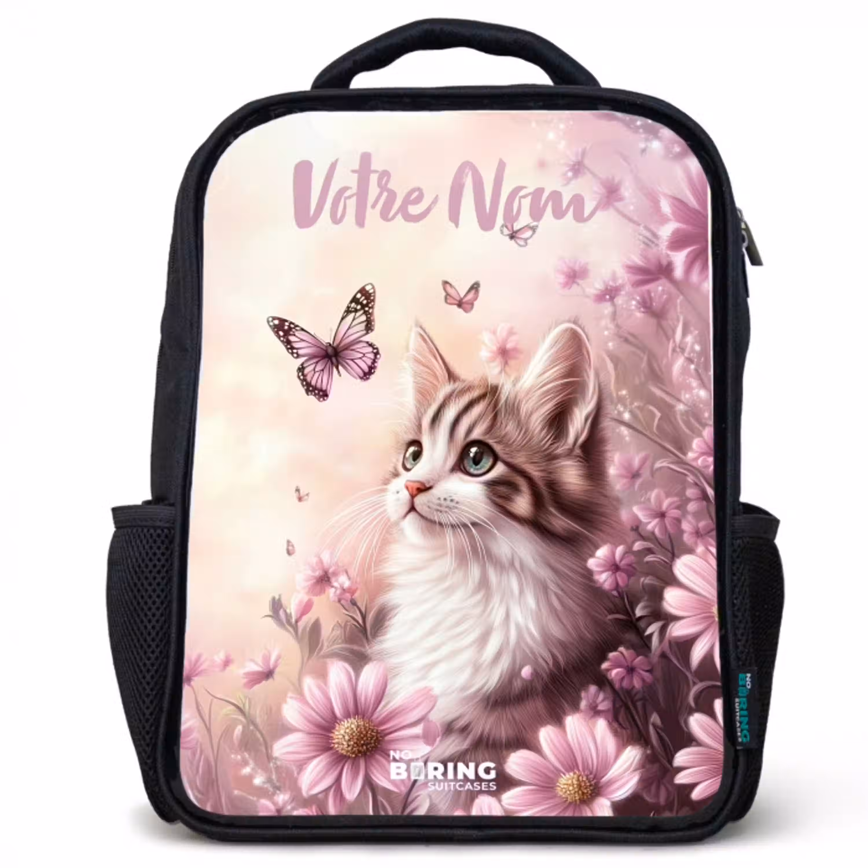 Kitten - Vlinders - Paars - Bloemen Rugzak - Zwart middel -3d