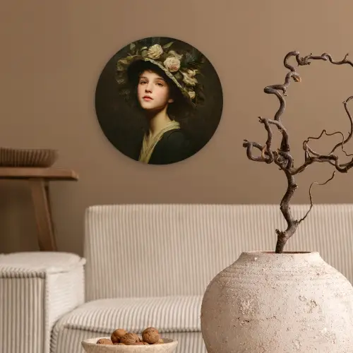 Bloemenhoed - Portret - Vrouw Wandcirkel kunststof plaat 5mm dik klein -sfeer1
