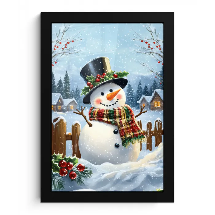 Sneeuwpop - Winterdorp - Kleurrijk fotolijst zwart zonder passe partout klein -3d