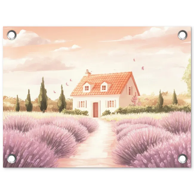 Lavendelveld - Huis - Paars tuinposter los doek klein -3d