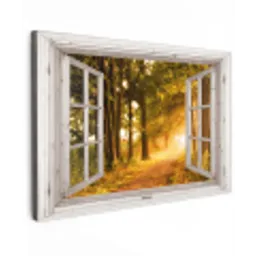 Bos - Bomen - Zonlicht - Herfst - Bospad - Natuur - Doorkijk Tuinposter op houten frame 2 cm dik klein -3d