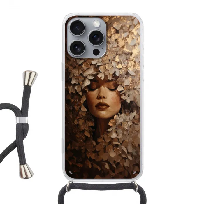 Gezicht - Vrouwe - Bladeren - Penseelstreken Hoesje iPhone 16 Pro Max met koord klein -3d