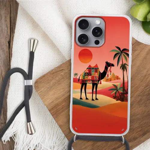Kameel - Gekleurd tapijt - Duinen - Rode zon Hoesje iPhone 16 Pro Max met koord klein -sfeer4