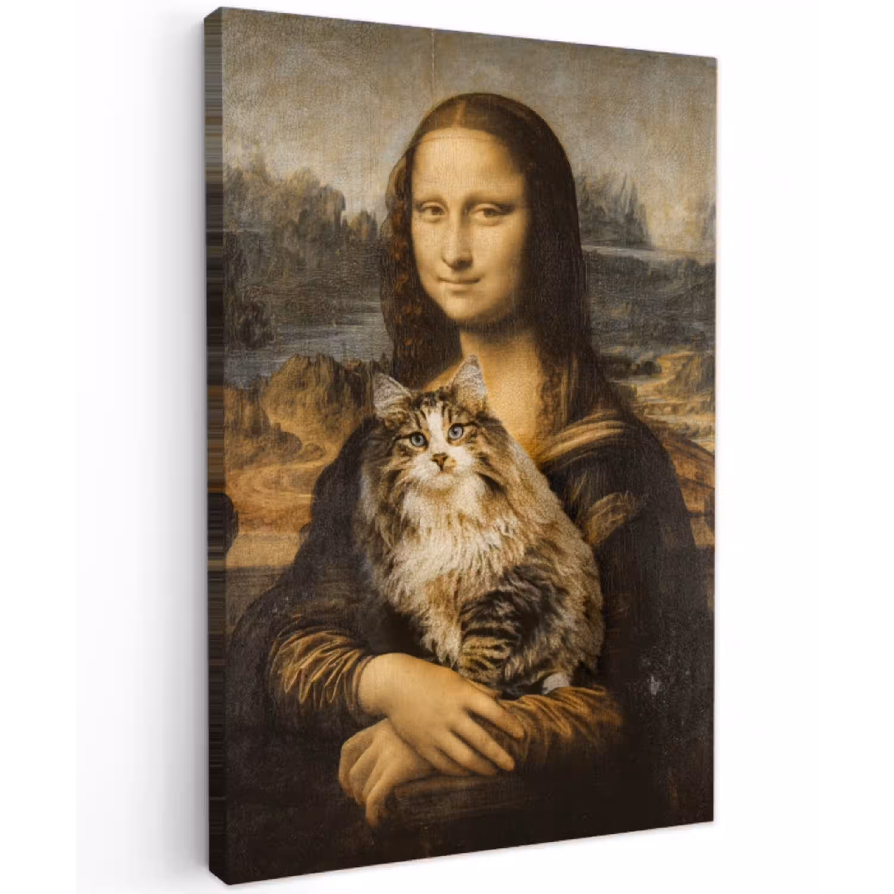 Mona Lisa - Kat - Leonardo da Vinci - Vintage - Kunstwerk - Oude meesters - Schilderij canvas 2cm klein -z3d