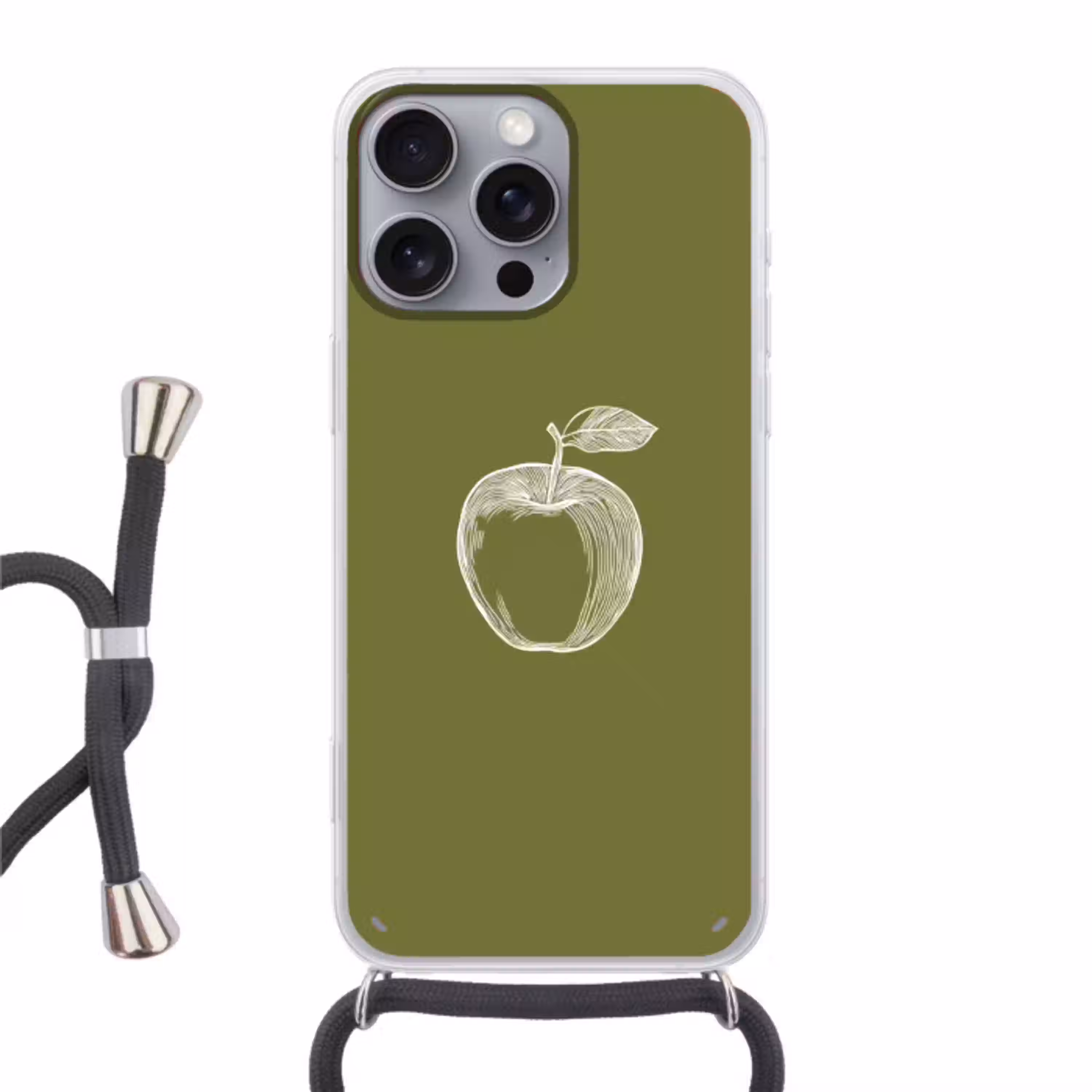 Lijntekening - Appel - Olijfgroen - Blaadje Hoesje iPhone 16 Pro Max met koord klein -3d