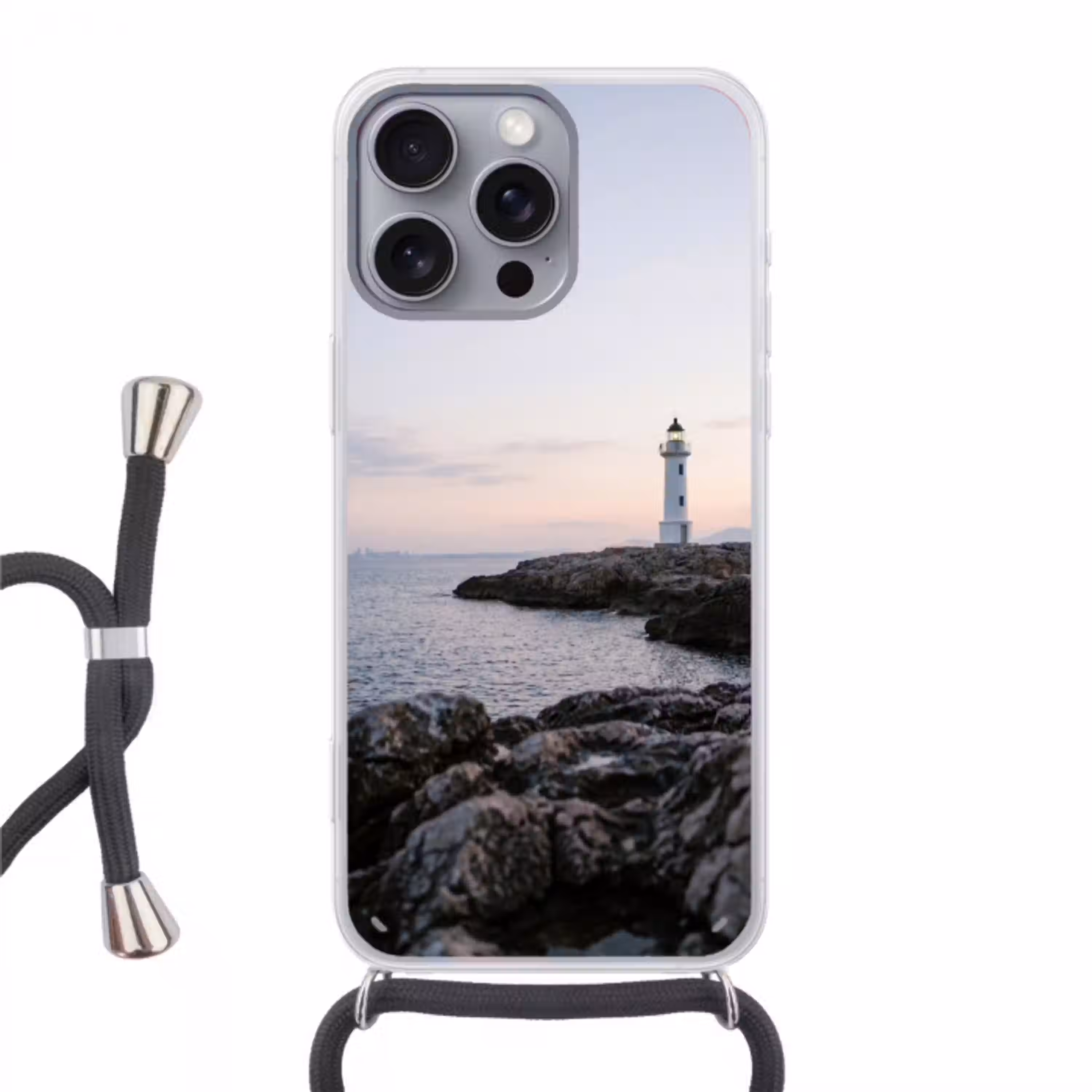 Rotsen - Vuurtoren - Wit Hoesje iPhone 16 Pro Max met koord klein -3d