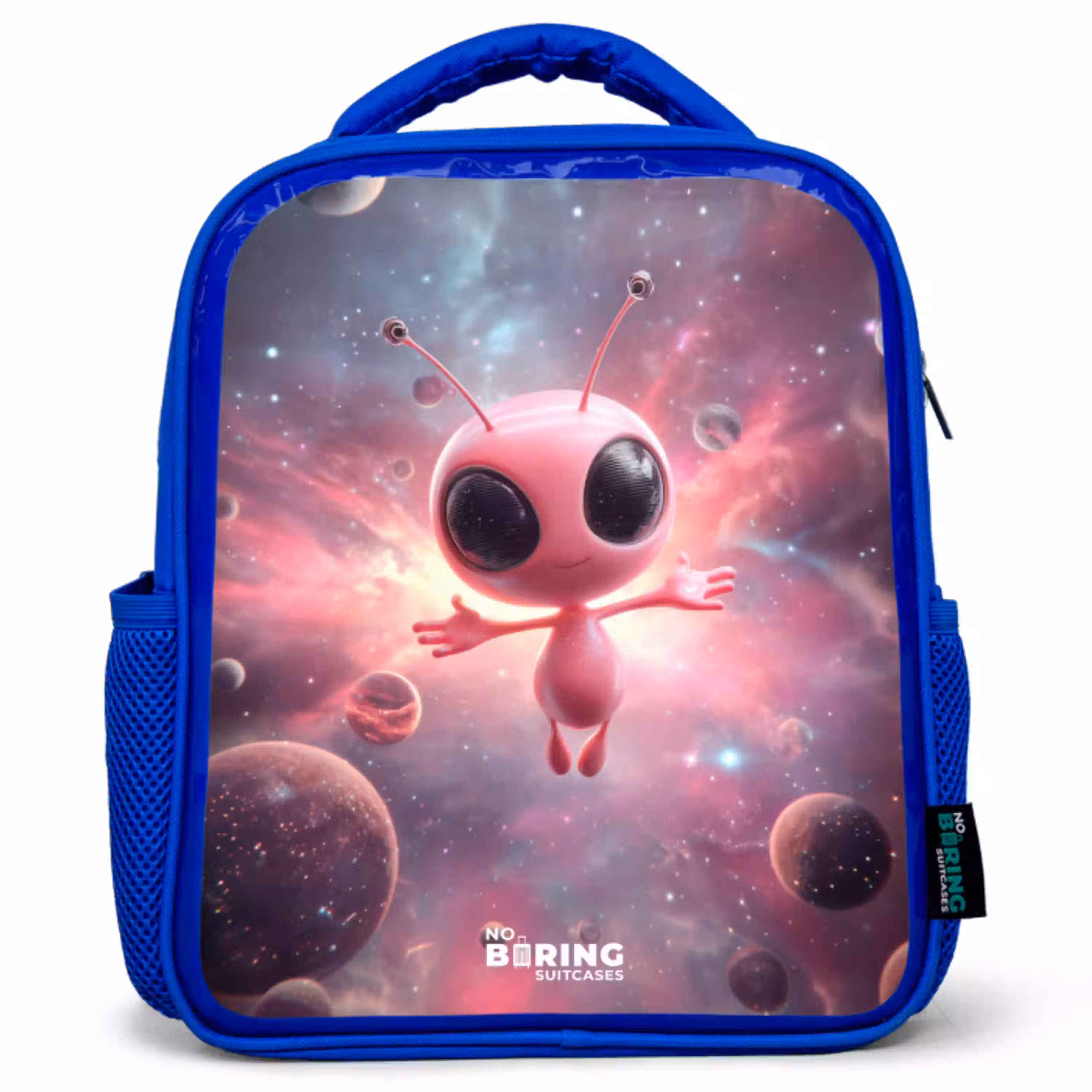 Roze Alien in Sterrennevel Kinderrugzak - Blauw middel -3d