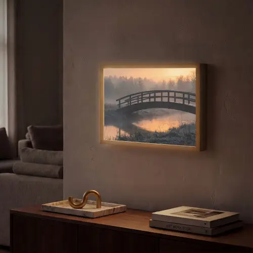 Brug - Mist - Bomen - Water Light Box met batterij (Wandlamp) middel -sfeer1
