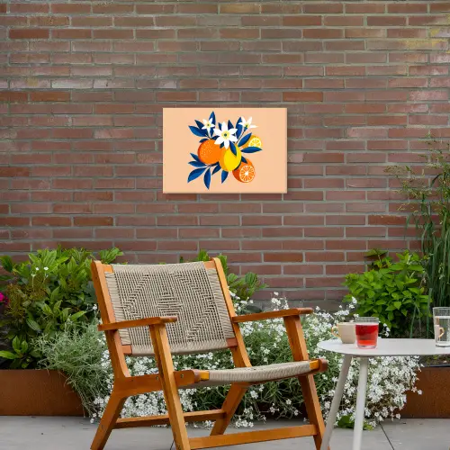 Illustratie - Sinaasappels - Donkerblauw - Bloemen Tuinposter op houten frame 2 cm dik klein -sfeer3