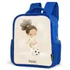 Meisje met een voetbal in beige kleuren Kinderrugzak - Blauw middel -schuin