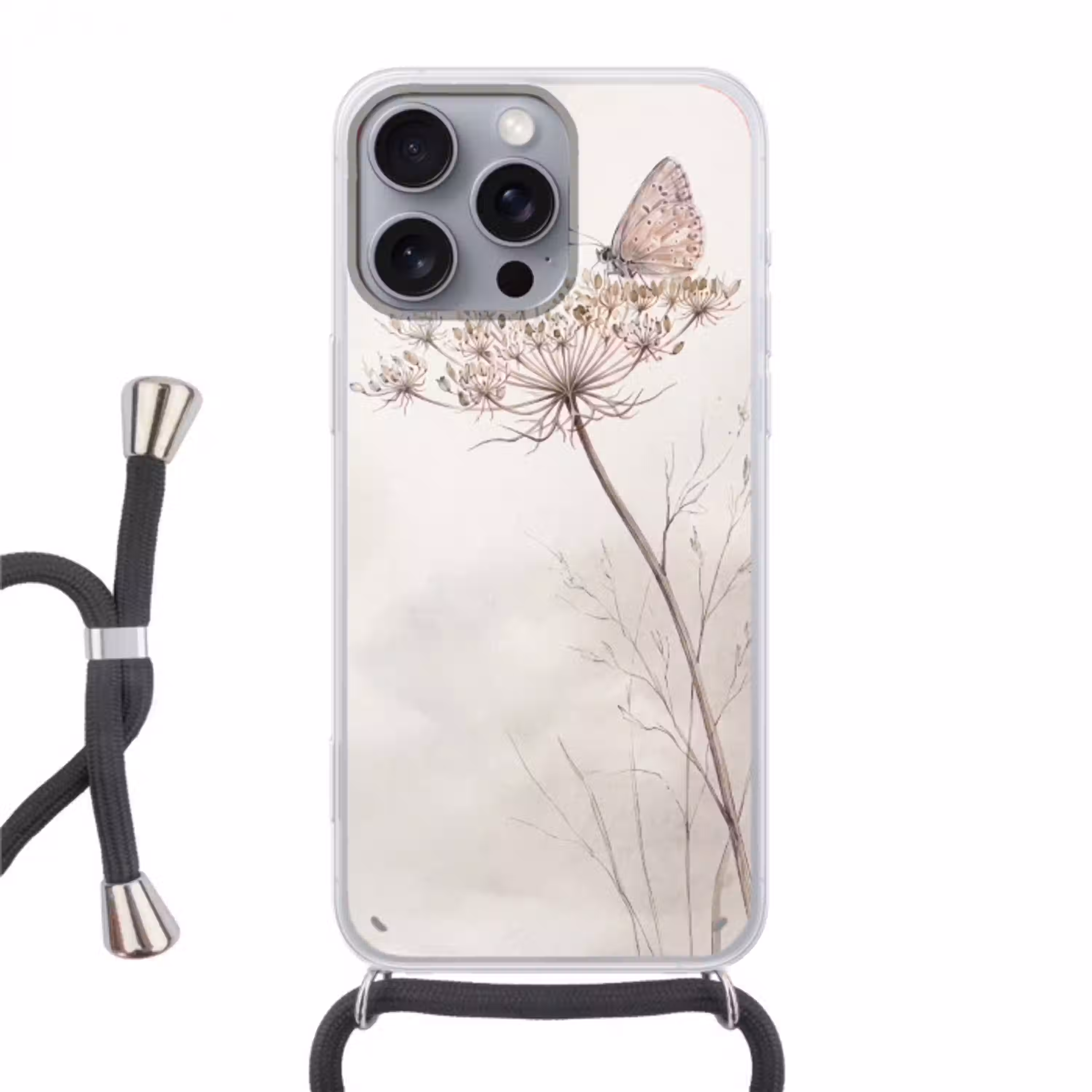Vlinder - Bloem -Natuur - Beige Hoesje iPhone 16 Pro Max met koord klein -3d