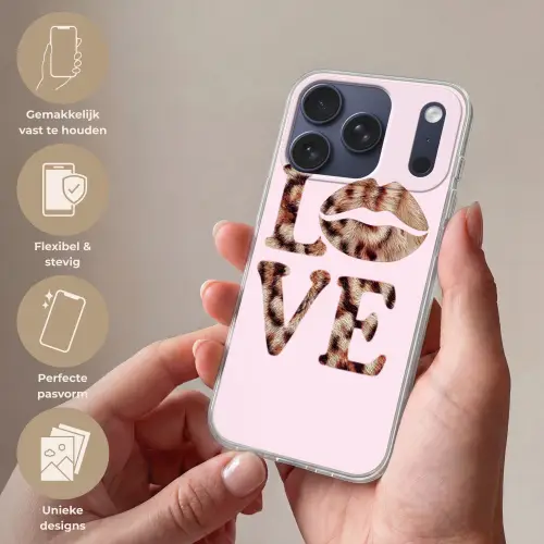 Tekst - Love - Pantervacht - Lichtroze Telefoonhoesje iPhone 17 Pro klein -sfeer3_NL